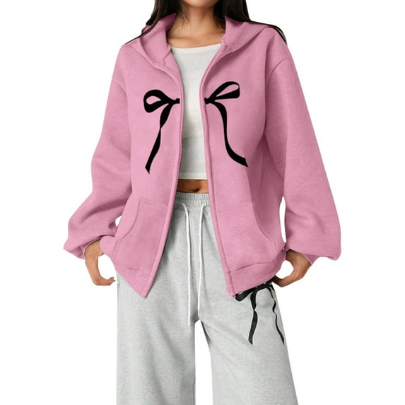 FINALGANG Girls Kids Zip Up Hoodie With Bow Print Casual Oversized Long Sleeve Sweatshirt With Front Pockets For Daily Wear Classic Top