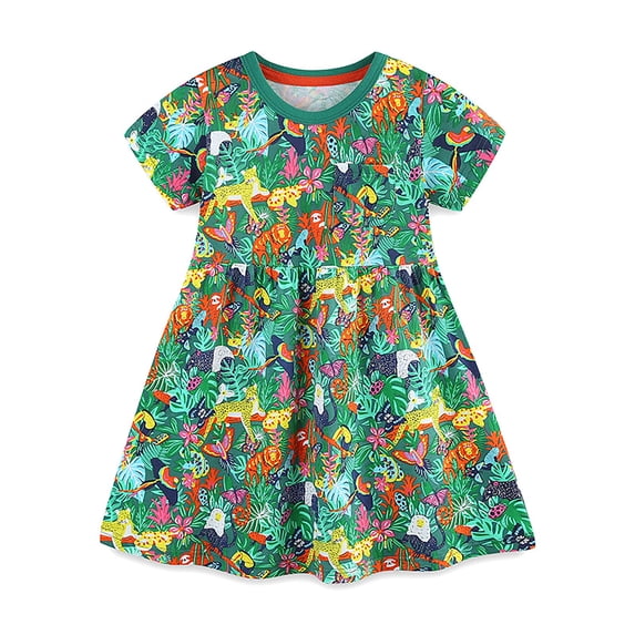 FINALGANG Girls Kids cartoon Animal Print Short Sleeve Dress Crew Neck Casual A Line Lightweight Sundress For Play Daily Wear Cozy Dress