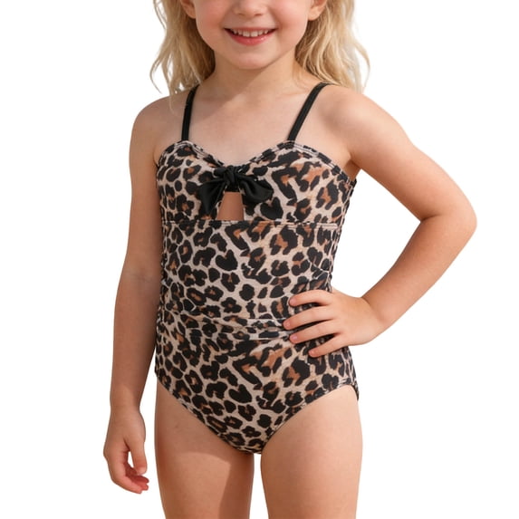 FINALGANG Girls One Piece Bathing Suit Kids Leopard Print Bow Front Hollow Adjustable Spaghetti Straps Onesie Swimsuit For Beach Pool Summer Wear Brown 11-12 Years