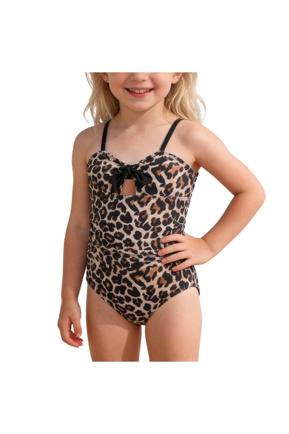 Girls One Piece Bathing Suit Kids Leopard Print Bow Front Hollow Adjustable Spaghetti Straps Onesie Swimsuit For Beach Pool Summer Wear Brown 7-8 Years