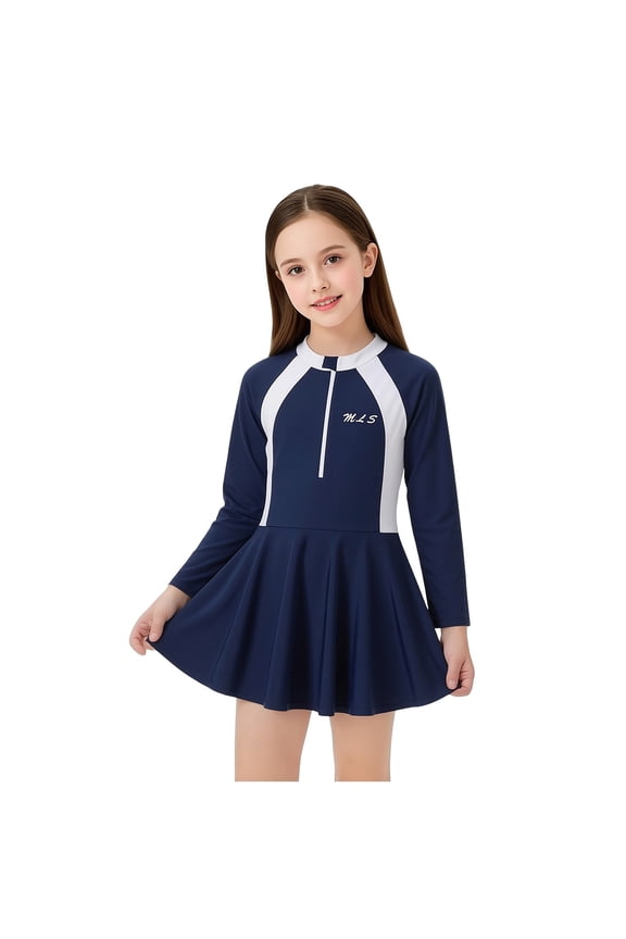 Girls One Piece Skirted Swimsuit With Stand Collar Half Zip Long Sleeve Color Block Modest Bathing Suit For Kids Summer Activities Casual Swimwear
