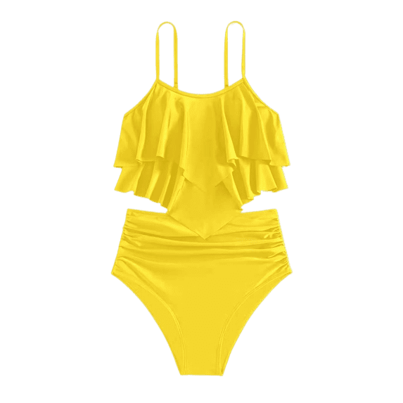 FINALGANG Girls One Piece Swimsuit Kids Solid Color Spaghetti Strap Sleeveless Ruffled High Waisted Stretchy Bathing Suit For Summer Beach Pool Party Wear Leisure Swimwear
