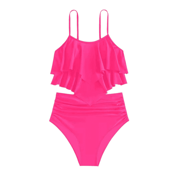 FINALGANG Girls One Piece Swimsuit Kids Solid Color Spaghetti Strap Sleeveless Ruffled High Waisted Stretchy Bathing Suit For Summer Beach Pool Party Wear Leisure Swimwear
