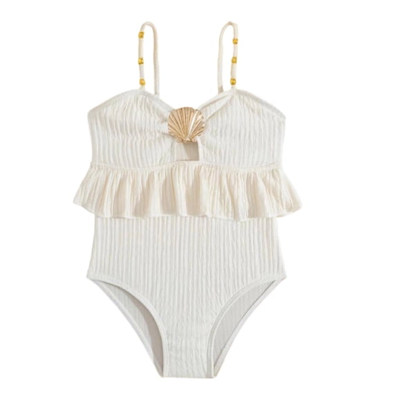 FINALGANG Girls One Piece Swimsuit Kids Solid Color Textured Ruffled Peplum Adjustable Straps Onesie Swimwear With Shell Decor For Beach Vacation White 2-3 Years
