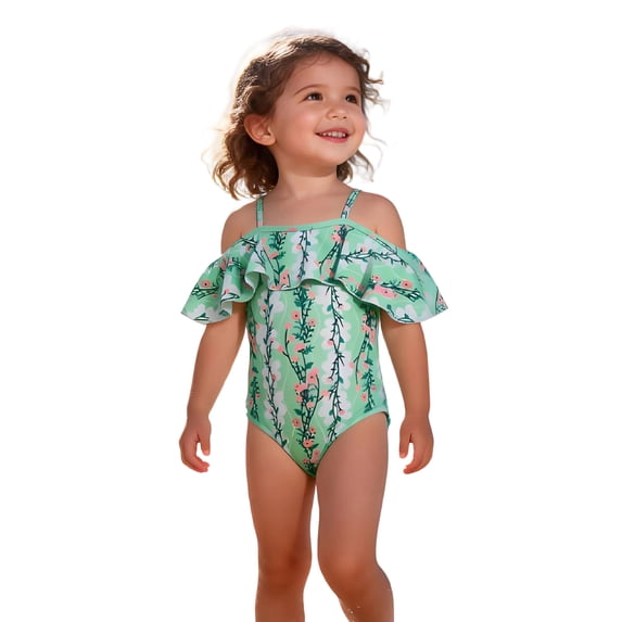 FINALGANG Girls One Piece Swimsuit Toddler Floral Print Cold Shoulder Ruffled Adjustable Spaghetti Straps Swimwear For Beach Vacation Green 7-8 Years