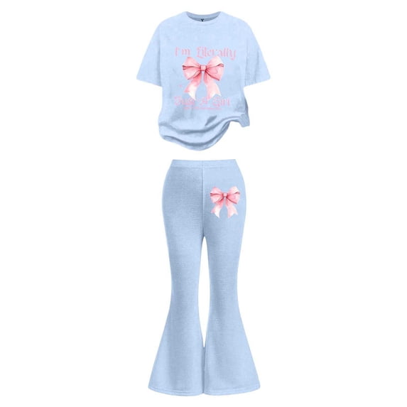 FINALGANG Girls Outfit Bow Print 2 Piece Casual Set Short Sleeve Crewneck Top Stretch Flared Pants Outfit For Daily Outdoor Street Wear