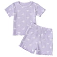 thumbnail image 1 of FINALGANG Girls Outfit Kids Bow Print Ribbed 2 Piece Set Short Sleeve Crewneck Top Elastic Waisted Stretch Shorts Outfit For Summer Casual Daily Wear, 1 of 9