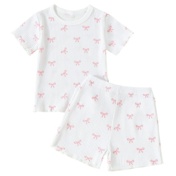 FINALGANG Girls Outfit Kids Bow Print Ribbed 2 Piece Set Short Sleeve Crewneck Top Elastic Waisted Stretch Shorts Outfit For Summer Casual Daily Wear