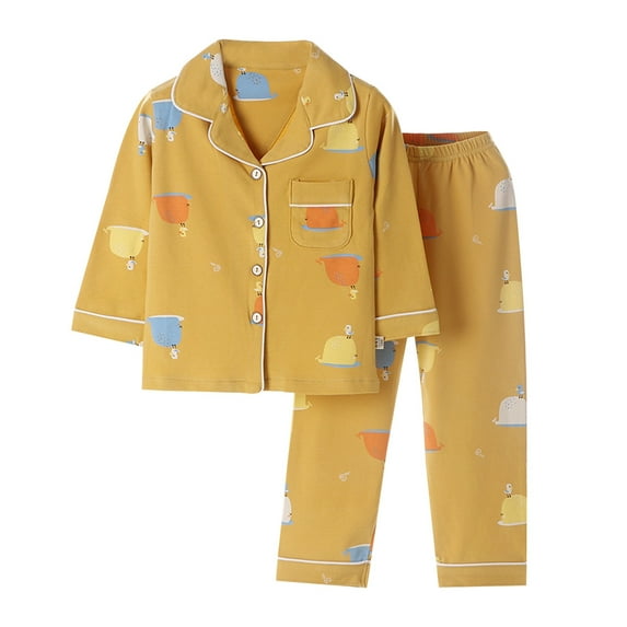 FINALGANG Girls Outfit Kids Cartoon Print 2 Piece Homewear Set Long Sleeve Button Front Collared Top Elastic Waisted Pants Outfit For Casual Daily Home Relaxation