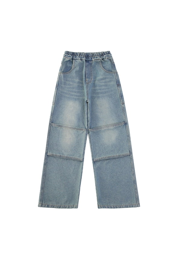 Girls Pants Kids Light Blue Wide Leg Elastic High Waist Jeans With Patchwork Panel Vintage Washed Denim Pants For Daily Street Wear Classic Bottoms