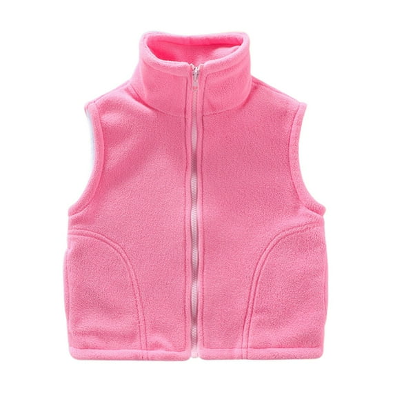 FINALGANG Girls Plush Jacket Warm Solid Color Sleeveless Stand Collar Zip Up Fuzzy Vest Coat With Pockets Girls Classic Holiday Party Camping Jacket,Pink,150