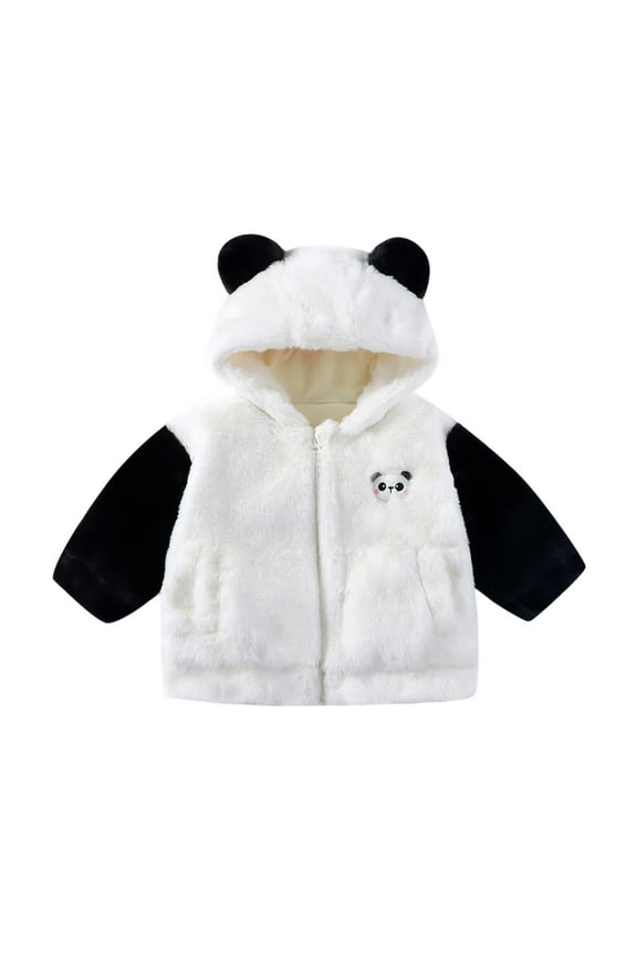 Girls Plush Jacket Warm Thicken Cartoon Animal Color Block Long Sleeve Hooded Zip Up Fuzzy Coat With Pockets Girls Versatile Birthday Wedding Weekend Jacket,Black,120