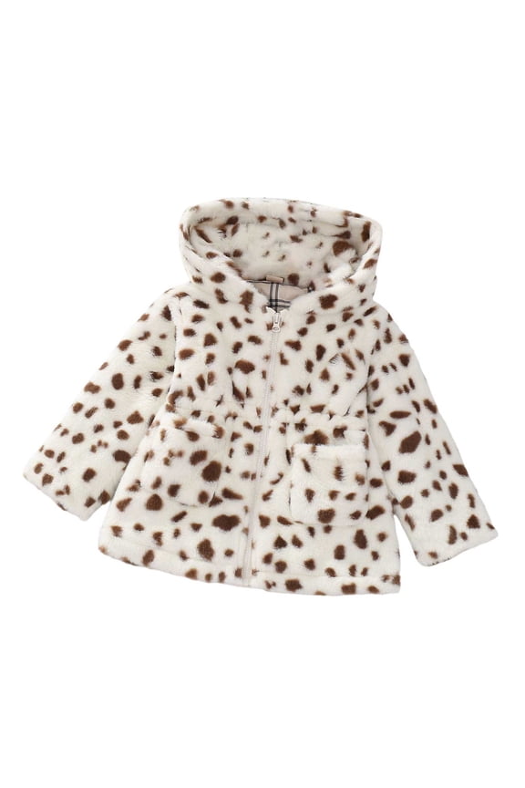 Girls Plush Jacket Warm Thicken Windproof Leopard Printed Long Sleeve Hooded Zip Up Fuzzy Coat With Pockets Girls Leisure Indoor Outdoor Wear Jacket,White,120