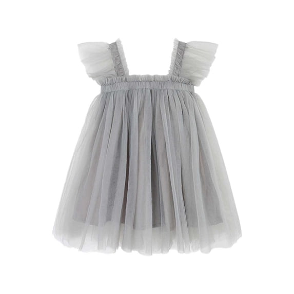 FINALGANG Girls Solid Color Ruffle Strap Smocked Tulle Dress Square Neck Casual Flowy A Line Dress For Kids Party Daily Wear Leisure Dress