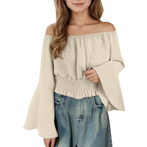 FINALGANG Girls Solid Color Off Shoulder Blouse Kids Flared Bell Sleeves Smocked Elastic Waistband Lightweight Casual Top For Streetwear Daily Wear Beige 9 Years