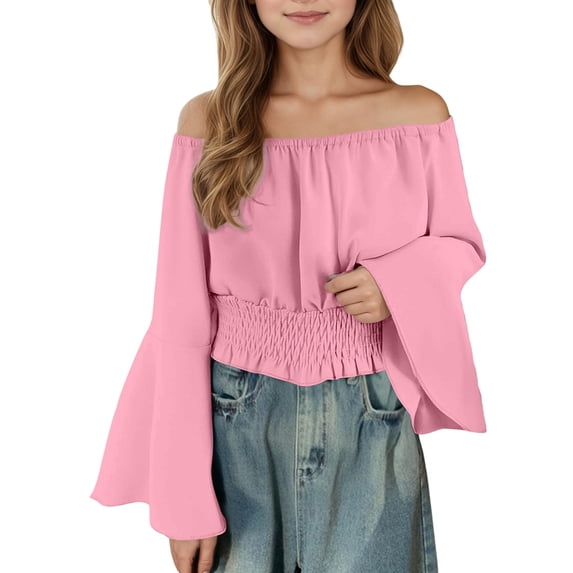FINALGANG Girls Solid Color Off Shoulder Blouse Kids Flared Bell Sleeves Smocked Elastic Waistband Lightweight Casual Top For Streetwear Daily Wear Red 7Years