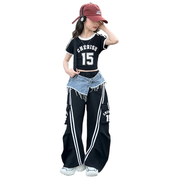 FINALGANG Girls Streetwear Cargo Pants Kids Elastic Waist Wide Leg Loose Fit Trousers With Detachable Denim Waistband For Dance Daily Wear Fashionable Bottoms