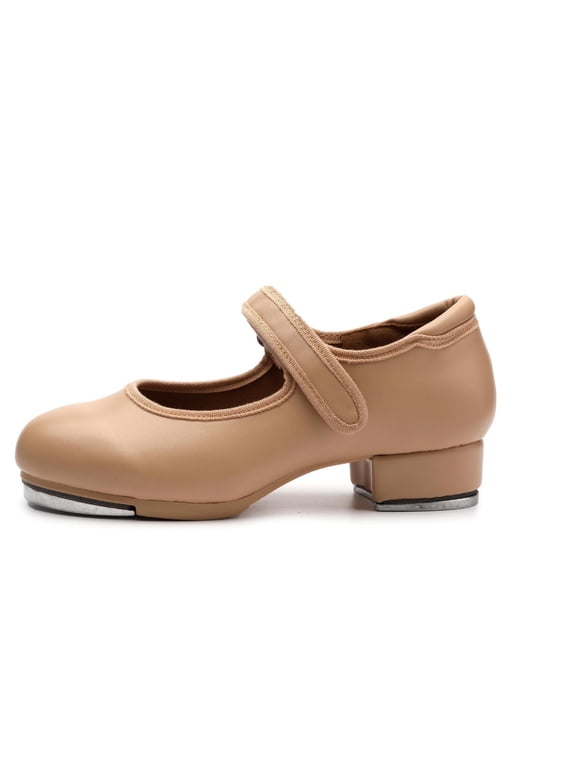 Girls Tan Tap Dance Shoes Kids Hook And Loop Strap Soft Sole Adjustable Fit Shoes For Dance Training Performance Wear Stylish Footwear