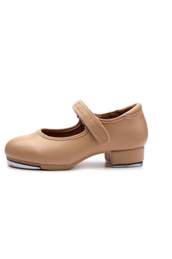 Girls Tan Tap Dance Shoes Kids Hook And Loop Strap Soft Sole Adjustable Fit Shoes For Dance Training Performance Wear Trendy Footwear