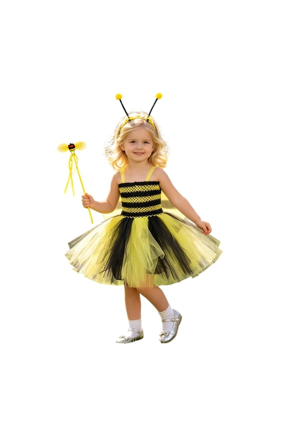 Girls Toddler Kids Spaghetti Strap Bee Tutu Dress With Headband Wand Outfit Set For Holiday Themed Parties Birthday Dress Up Versatile Dress