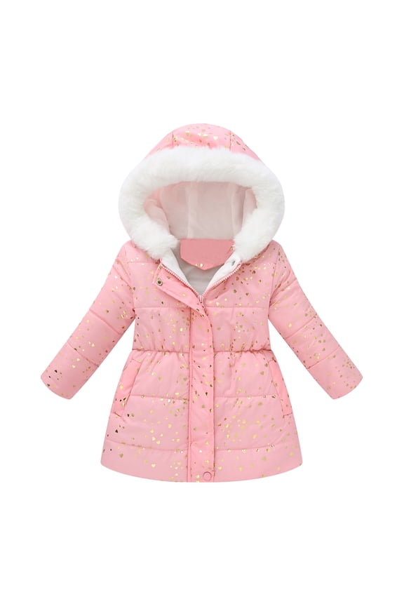 Girls Toddler Padded Coat Winter Warm Heart Prints Jacket With Fuzzy Trim Hood Long Sleeve Zipper Coat For Cold Weather Adorable Outerwear