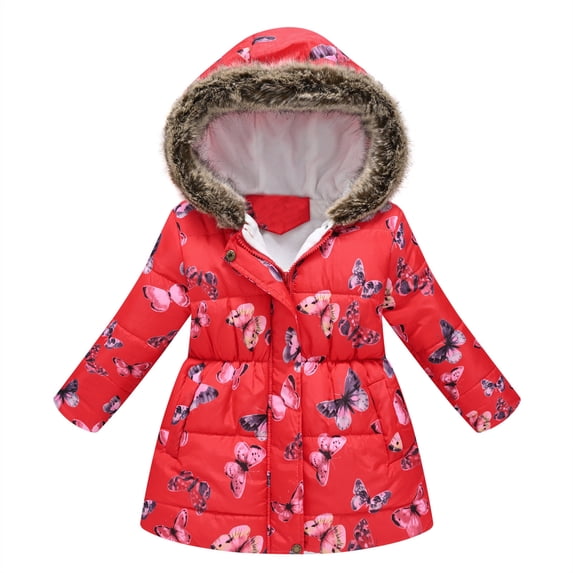 FINALGANG Girls Toddler Puffer Coat Winter Warm Butterfly Prints Jacket With Fuzzy Trim Hood Long Sleeve Zipper Coat For Cold Weather Soft Outerwear