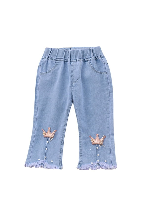 Girls Toddlers Denim Flared Jeans Elastic Waist Cartoon Patch Pearl Decor Relaxed Fit Denim Pants For Daily Casual Wear Lovely Bottoms