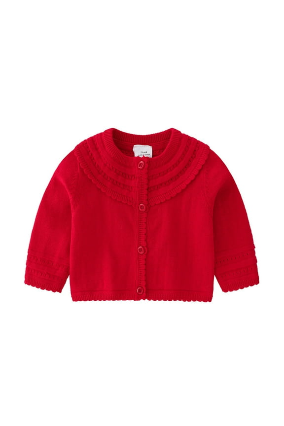 Girls Toddlers Knit Cardigan Solid Color Long Sleeve Loose Fit Coat Button Front Ruffled Collar Eyelet Pattern Jacket For Casual Daily Fashion Wear Lovely Outerwear