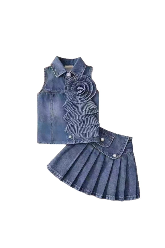 Girls Two Piece Streetwear Outfit Kids Denim Sleeveless Lapel Button Front Top Pleated Skirts For Casual Daily Outdoor Wear Cute Set