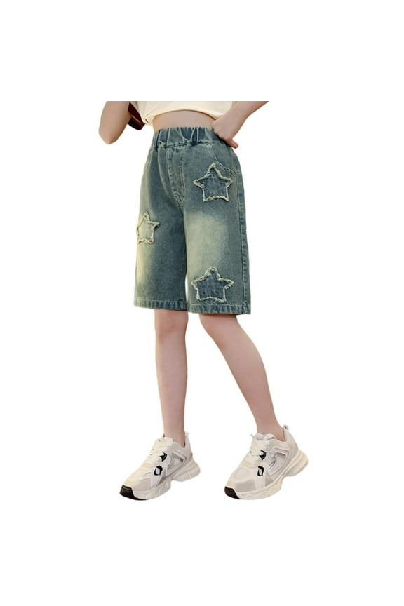 Girls Versatile Shorts Star Embroidery Patchwork Knee Length Denim Shorts Stylish Button Down Bottom With Pockets Durable Skin Friendly Fabric For Kid