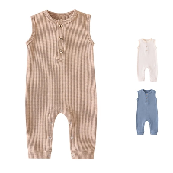 FINALGANG Baby Boys Girls Crew Neck Solid Color Waffle Knit Sleeveless Jumpsuit Daily Wear Regular Fit Half Placket Button Down Snap Crotch Romper For Stylish Romper 9-12 Months