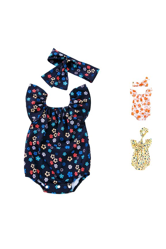 Baby Square Neck Tiny Floral Print 2 Piece Jumpsuit Outfit Summer Regular Fit Ruffle Shoulder Bodysuit Matching Bow Headband Romper Set For Baby Girls Cute Romper 12-24 Months