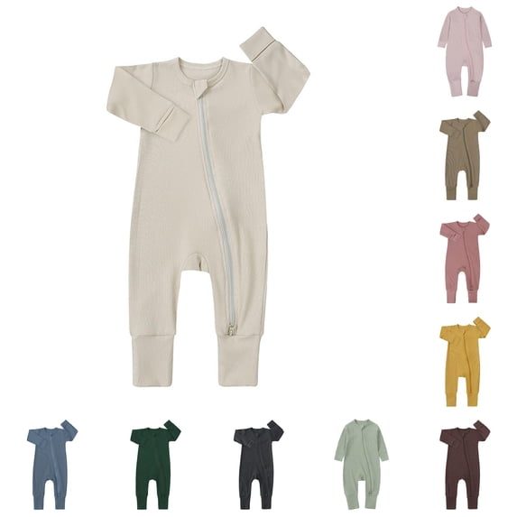 FINALGANG Boys Girls Crew Neck Solid Color Rib Knit Zipper Jumpsuit Daily Regular Fit Long Sleeve Soft One Piece Romper For Babies Trendy Romper 12-18 Months