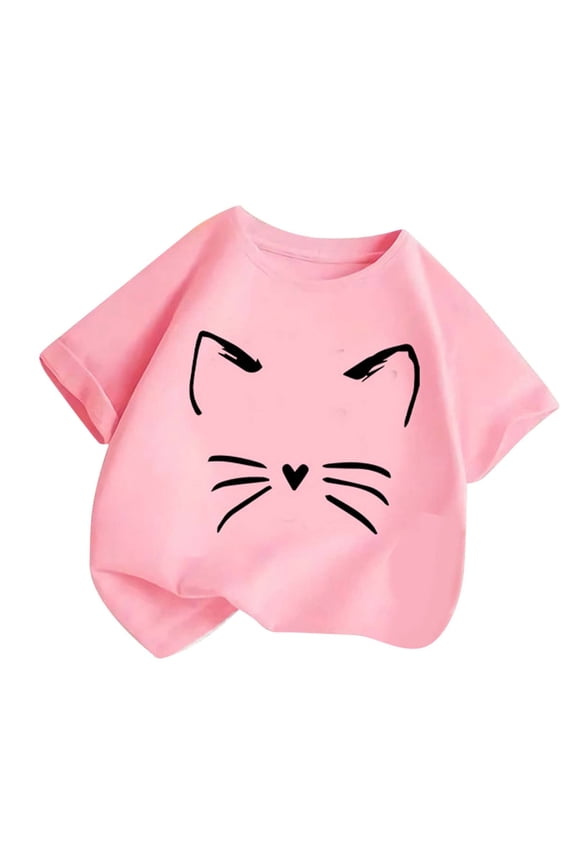 Kids Boys Girls Round Neck Short Sleeve TShirt With Cute Cat Face Print Casual Relaxed Fit Tee For Toddlers Summer Daily Wear Playdates Classic Top
