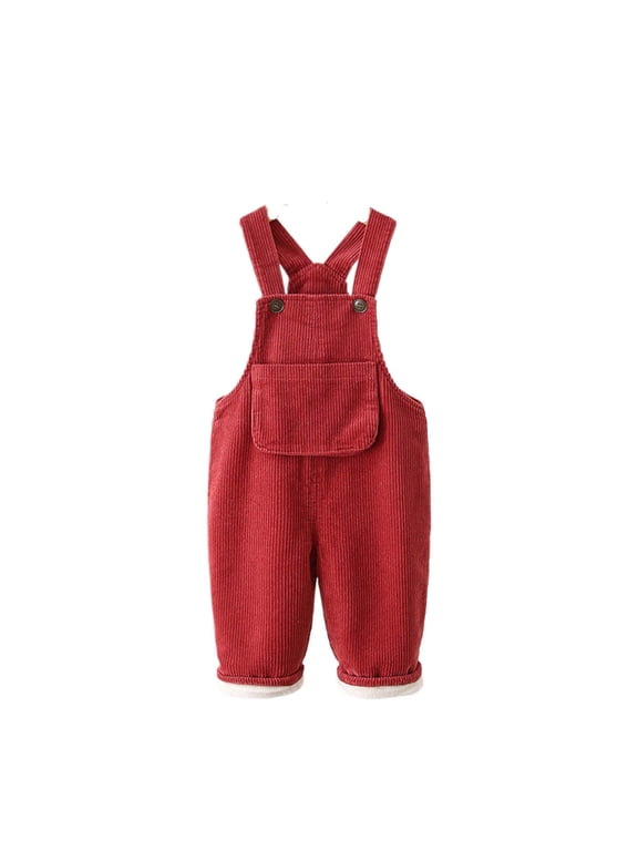 Kids Boys Girls Unisex Solid Color Corduroy Bib Overalls With Adjustable Button Straps Front Pocket For Toddler Casual Daily Wear Red 12-18 Months