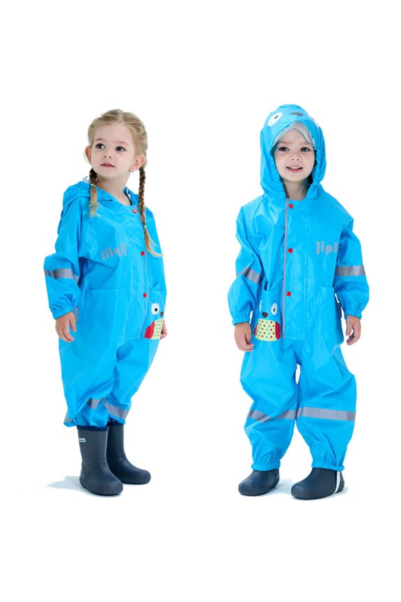 Kids Cartoon Casual Print One Piece Rainsuit With Cute Hood Button Closure Reflective Strip Waterproof Cute Animal Style Rain Wear For Toddler Boys Girls Blue 5-7 Years