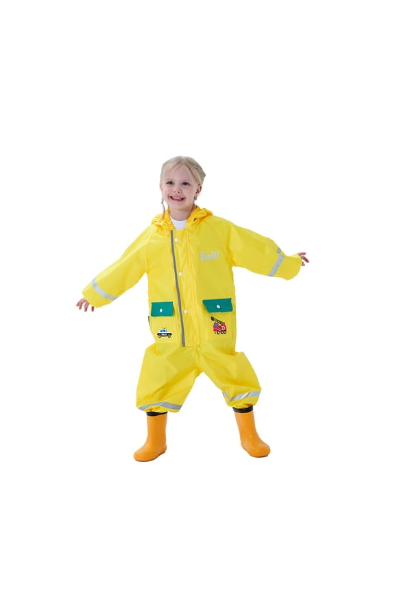 Kids Cartoon Vehicle Print One Piece Rainsuit Hooded Button Closure Reflective Strip Waterproof Cute Rain Wear For Boys Girls Rainy Days Yellow 1-3 Years