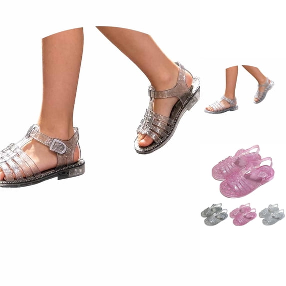 FINALGANG Kids Girls Adjustable Buckle Glitter Jelly Closed Toe Sandals Multi Strap Hollow Waterproof Lightweight Summer Beach Casual Sandals Casual Shoes 5.5-6 Years