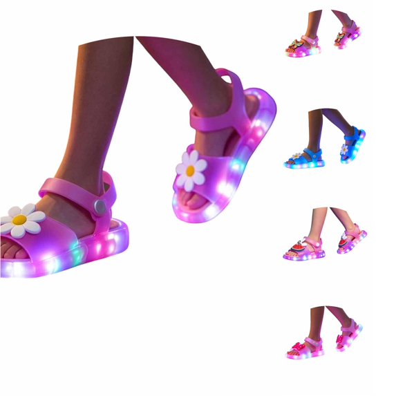 FINALGANG Kids Girls Adjustable Button Strap Flower Decor Light Up Open Toe Sandals LED Luminous Thick Sole Waterproof Summer Holiday Casual Sandals Classic Shoes 5.5-6 Years