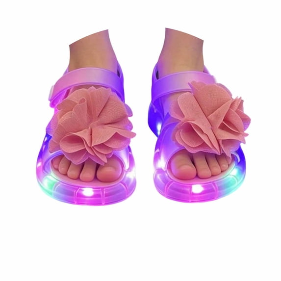 FINALGANG Kids Girls Adjustable Hook And Loop Flower Cherry Rhinestone Light Up Sandals Transparent LED Thick Sole Summer Glowing Casual Sandals Stylish Shoes 5-5.5 Years