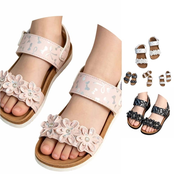 FINALGANG Kids Girls Adjustable Printed Ankle Strap Rhinestone Floral Open Toe Sandals Cork Insole Wedge Flat Summer Casual Outdoor Sandals Casual Shoes 5.5-6 Years
