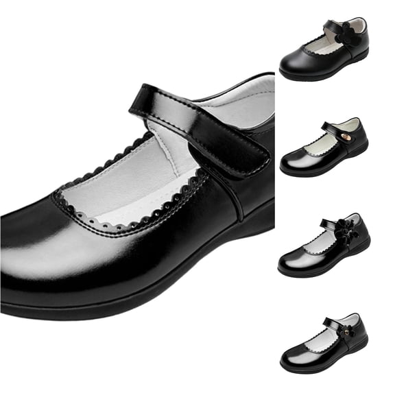 FINALGANG Kids Girls Adjustable Strap Scalloped Glossy Mary Jane Shoes Soft Flat Sole Formal School Uniform Dress Leather Shoes Versatile Shoes 5-5.5 Years