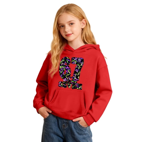 FINALGANG Kids Girls Carnival Lretter Print Hooded Sweatshirt Plush Long Sleeve Loose Fit Pullover With Pockets For Playful Comfort Casual Top