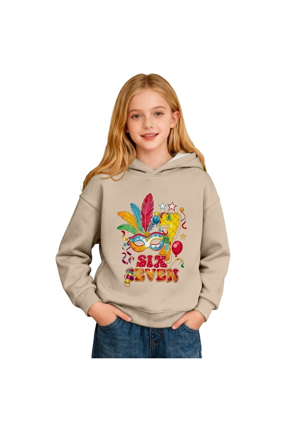Kids Girls Carnival Mask Graphic Hooded Pullover Long Sleeve Loose Fit Soft Sweatshirt With Pockets For Casual Outings Playful Casual Top