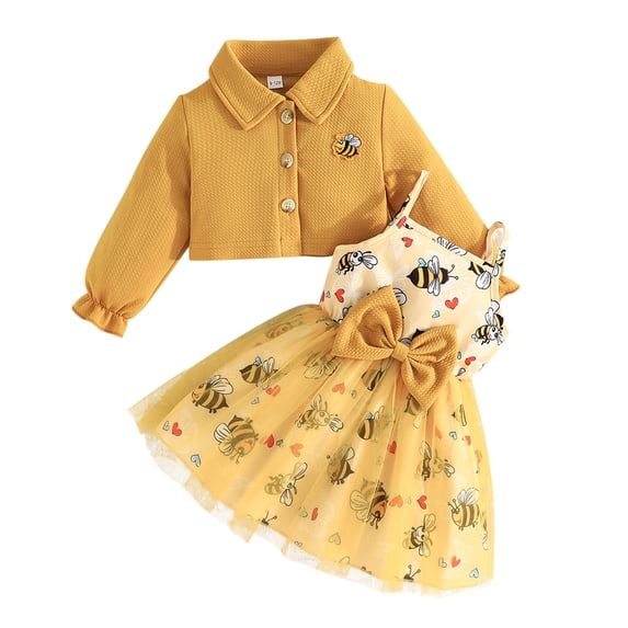 FINALGANG Kids Girls Collared Long Sleeve Cartoon Bee Embroidered Cardigan Bee Print Tulle Tulle Dress With Bow Set For Casual Daily Wear Cozy Outfit