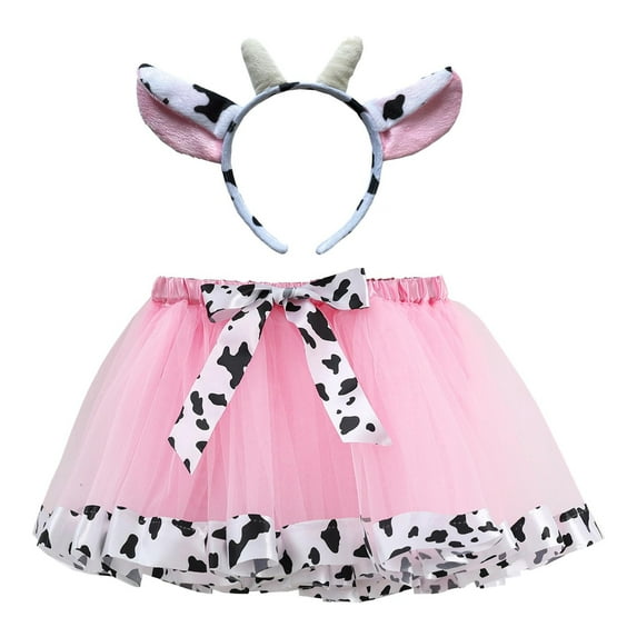 FINALGANG Kids Girls Cow Theme Set Cow Print Headband With Elastic Waist Bow Decor Tulle Tutu Skirt For Dress Up Themed Parties Classic Bottoms