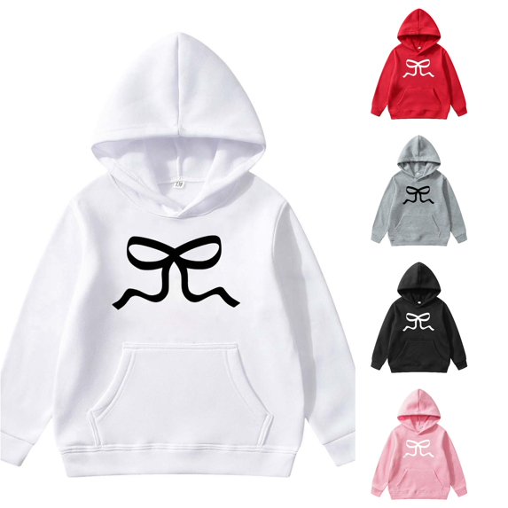 FINALGANG Kids Girls Long Sleeve Kangaroo Pocket Hooded Sweatshirt Bow Graphic Print Loose Fit Daily Casual Pullover Hoodie Stylish Tops 3-4 Years