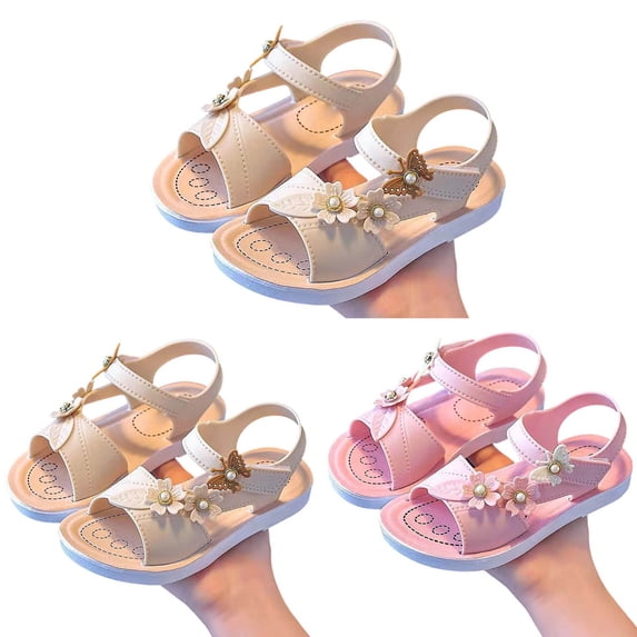 FINALGANG Kids Girls Open Toe Sandals With Butterfly Flower Appliques Pearl Accent Adjustable Hook And Loop Strap Soft Sole Shoes For Summer Daily Play White 6-7 Years