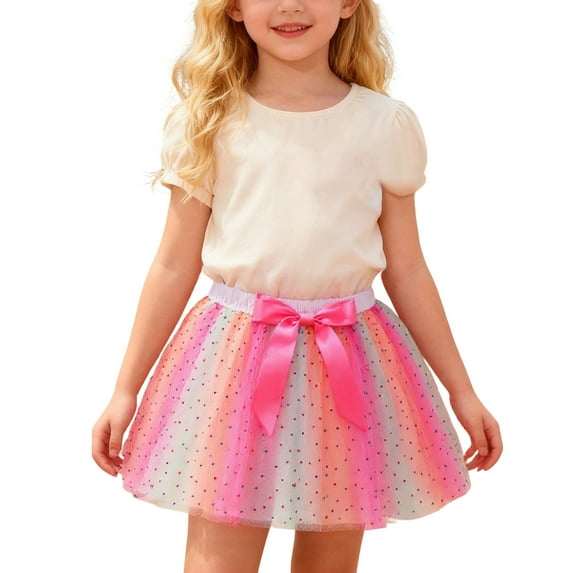 FINALGANG Kids Girls Pastel Rainbow Tulle Tutu Skirt With Star Print Elastic Waistband With Large Bow Accent Flared Skirt For Dress Up Special Occasions Stylish Bottoms