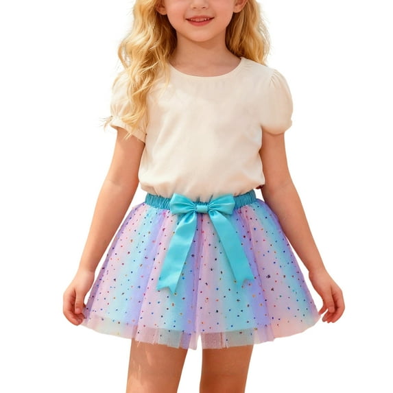FINALGANG Kids Girls Pastel Rainbow Tulle Tutu Skirt With Star Print Elastic Waistband With Large Bow Accent Flared Skirt For Dress Up Special Occasions Versatile Bottoms